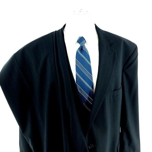 Jos A Bank Wool 2 Button 2 Piece Suit 50L Blue Striped 46/26 Pleated Cuffed High - Picture 1 of 11